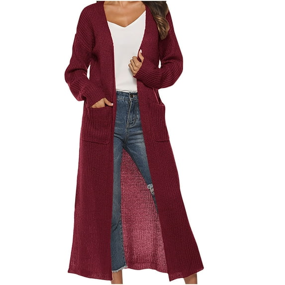 mihongmao Womens Tops Clearance, Winter Coats for Women Women's Solid Color Cardigan Sweater with Slit Large Pockets Long Thin Coat,2024 Clearance Red L