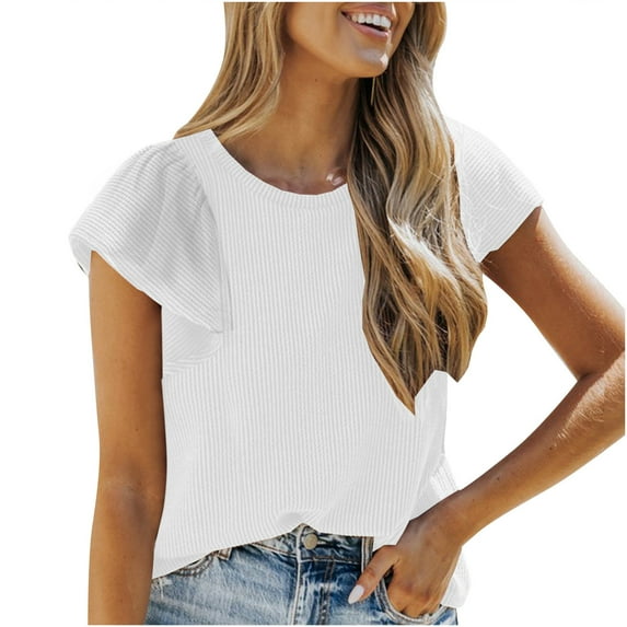mihongmao Womens Tops Womens Casual Solid Color Round Neck Ruffled Short Sleeve Tops Blouses