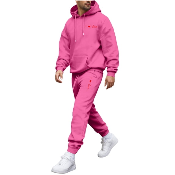 mihongmao Y2k Outfits for Men Casual Pullover Hooded Sports Print Long Sleeve Trousers Two-Piece Elastic Waist Tracksuit Hot Pink S