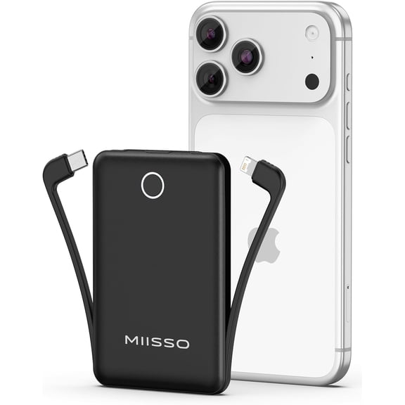 miisso 10000mAh Mini Portable Charger with Built in Cable, Pocket Size Power Bank Travel External Battery Pack for Phone, 3 Output USB Type C Cord Clutch Compatible with iPhone, Samsung, Black