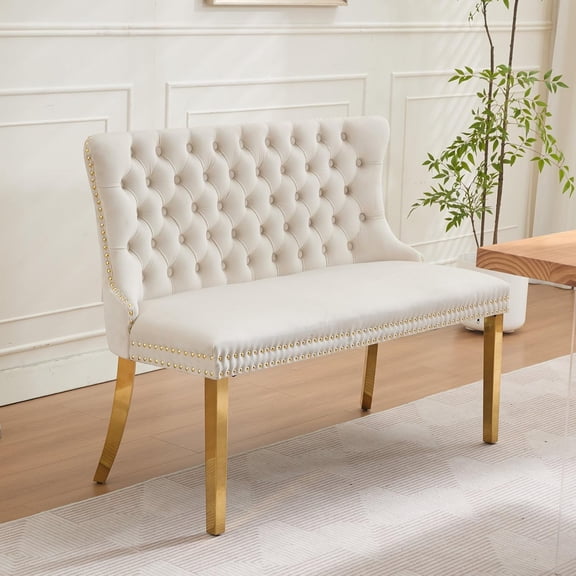mikibama Luxury Settee Dining with Back,Velvet Upholstered Banquette Benches with Nailhead Trim,Button Tufted Small Loveseat Sofa Couch Booth Seating for Small Spaces(Beige Gold)