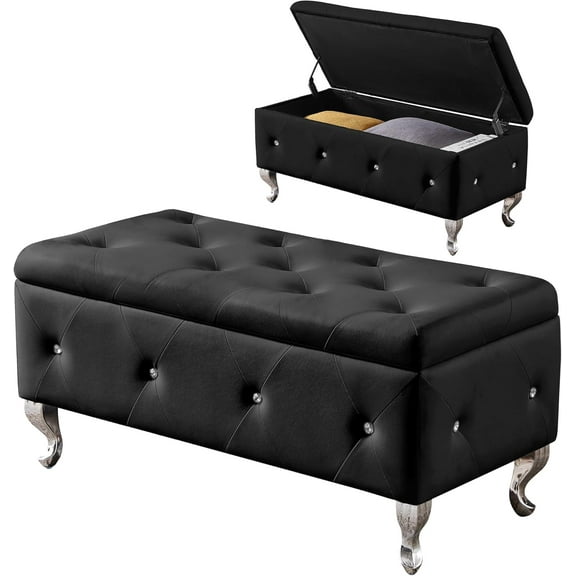 mikibama PU Faux Leather Bedroom Storage Ottoman Benches End of Bed,Crystal Button Tufted Entryway Window Bench with Seating and Curved Metal Legs,Rectangle Living Room Footrest Bench (Black PU)