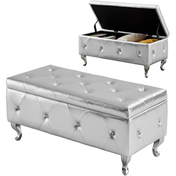 mikibama PU Faux Leather Bedroom Storage Ottoman Benches End of Bed,Crystal Button Tufted Entryway Window with Seating and Curved Metal Legs,Rectangle Living Room Footrest (Silver PU)