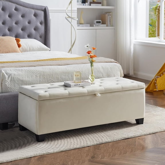 mikibama Velvet Storage Ottoman Bench for Bedroom End of Bed,47.6" Tufted Ottoman Bench with Storage for Living Room,Bed End,Window,Entryway Seat Bench Storage Chest with Tapered Legs (Beige, 47.6“)