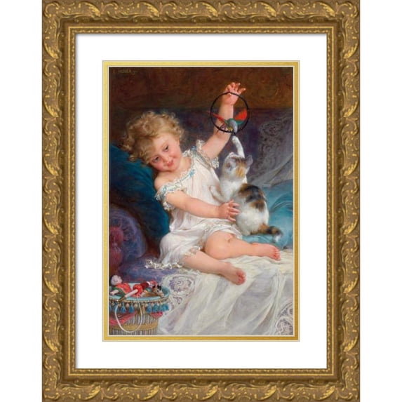 Émile Munier 18x24 Gold Ornate Framed and Double Matted Museum Art Print Titled - Playtime (1886)