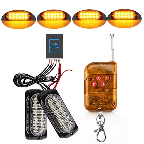 millions-Autoparts 12V-24V Amber LED Strobe Warning Lights Kit with 4-Key RF Wireless Remote Control for Trucks, Emergency Vehicles, Cars