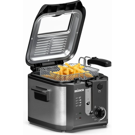 minca Deep Fryer with Basket, 1500W Electric Deep Fryer 2.5L, Adjustable Temperature, Removable Lid with Odor Filter & Viewing Window, Stainless Steel, Foldable Cool-Touch Handle