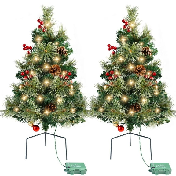 25in Artificial Christmas Trees Set of 2 Pre-Lit Mini Christmas Trees with 30 LED Lights, Bright Ball, Pine, Berries for Indoor Outdoor Decor