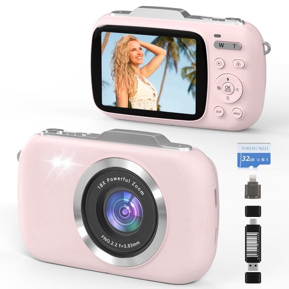 4K 64MP Mini Vlogging Camera 18X Zoom Autofocus 2.8" HD Screen 32GB Card Time-Lapse Slow Motion Compact Travel Camera for Kids Teens Gift Pink