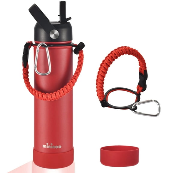 Mininoo 24 oz Insulated Stainless Steel Water Bottle with Straw Lid, Paracord Handle, BPA-Free(Red)