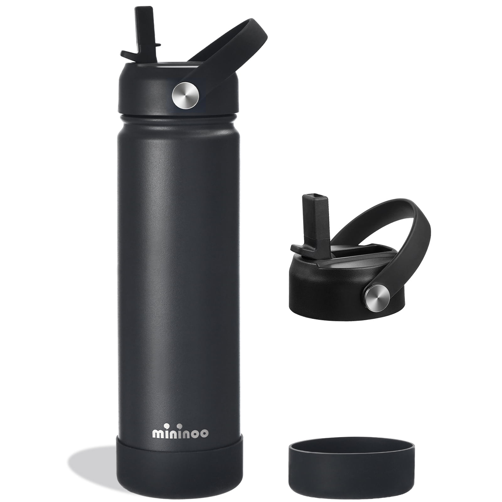 Mininoo 24 oz Insulated Stainless Steel Water Bottle with Straw Lid, Ceramic-Lined, BPA-Free, Black