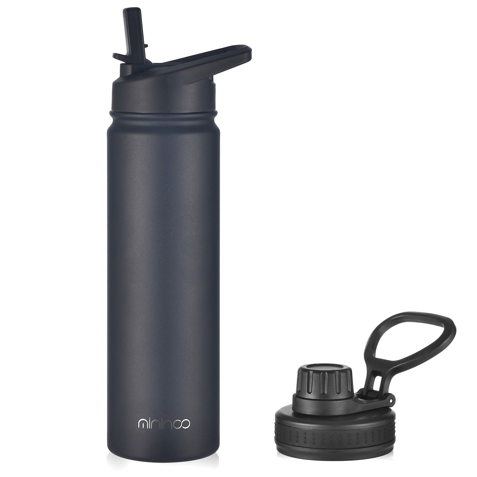 Mininoo 24 oz Insulated Stainless Steel Water Bottle with Straw Lid, Black