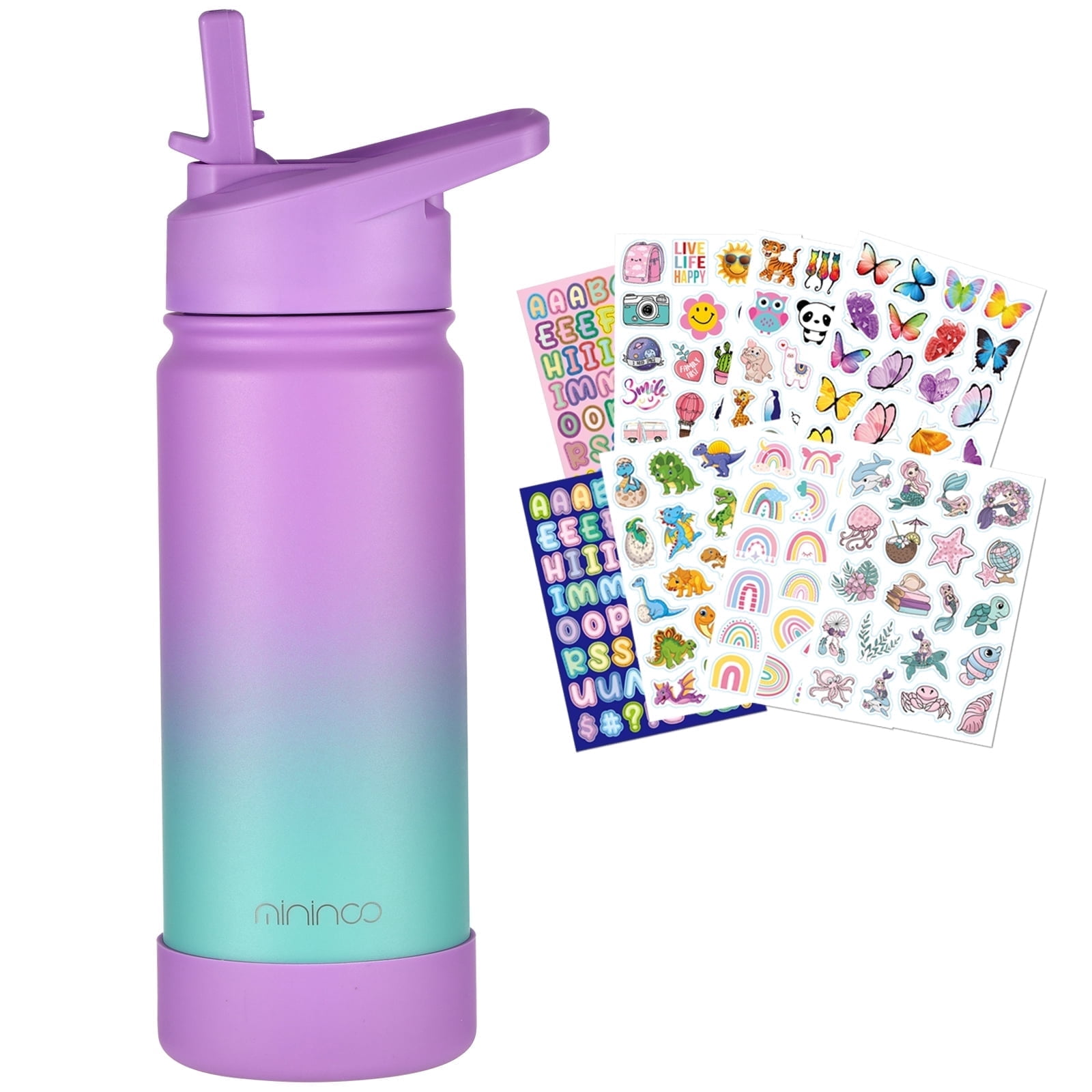 mininoo Insulated Water Bottle for School, 16oz Back to School Water Bottle with Straw Lid for Girls, Boys (Purple/Sky)