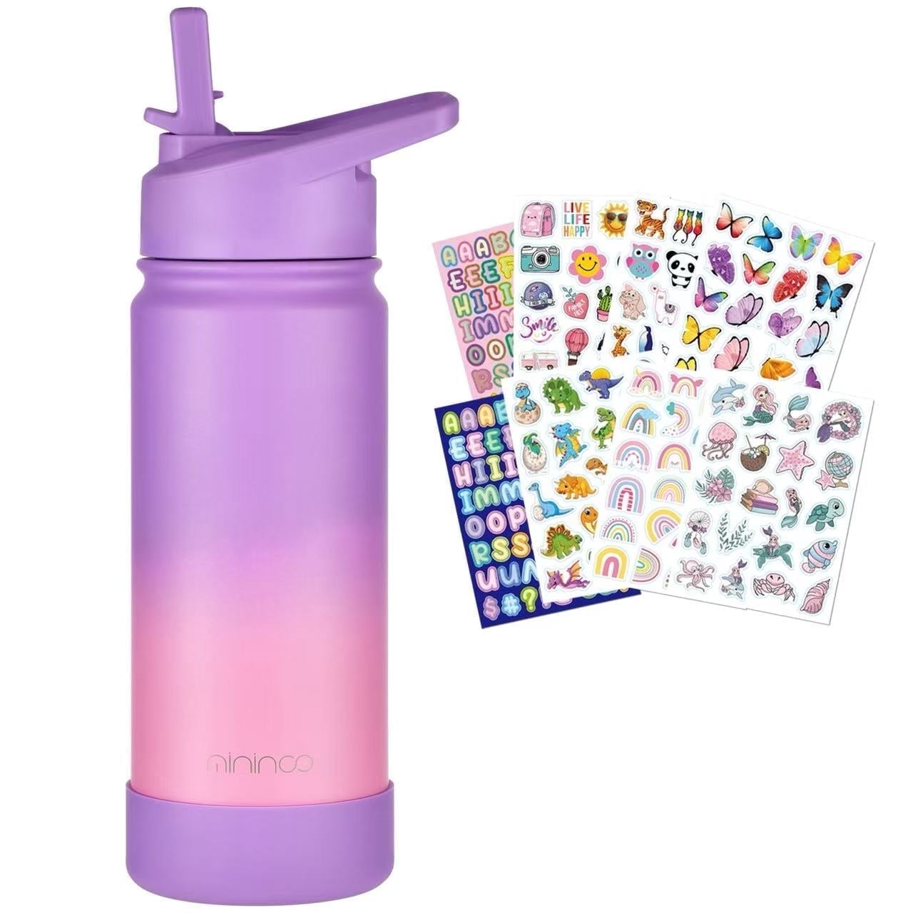 mininoo Kids Water Bottle for School, 16oz Stainless Steel Insulated Water Bottle Kids with Straw Lid for Girls, Boys