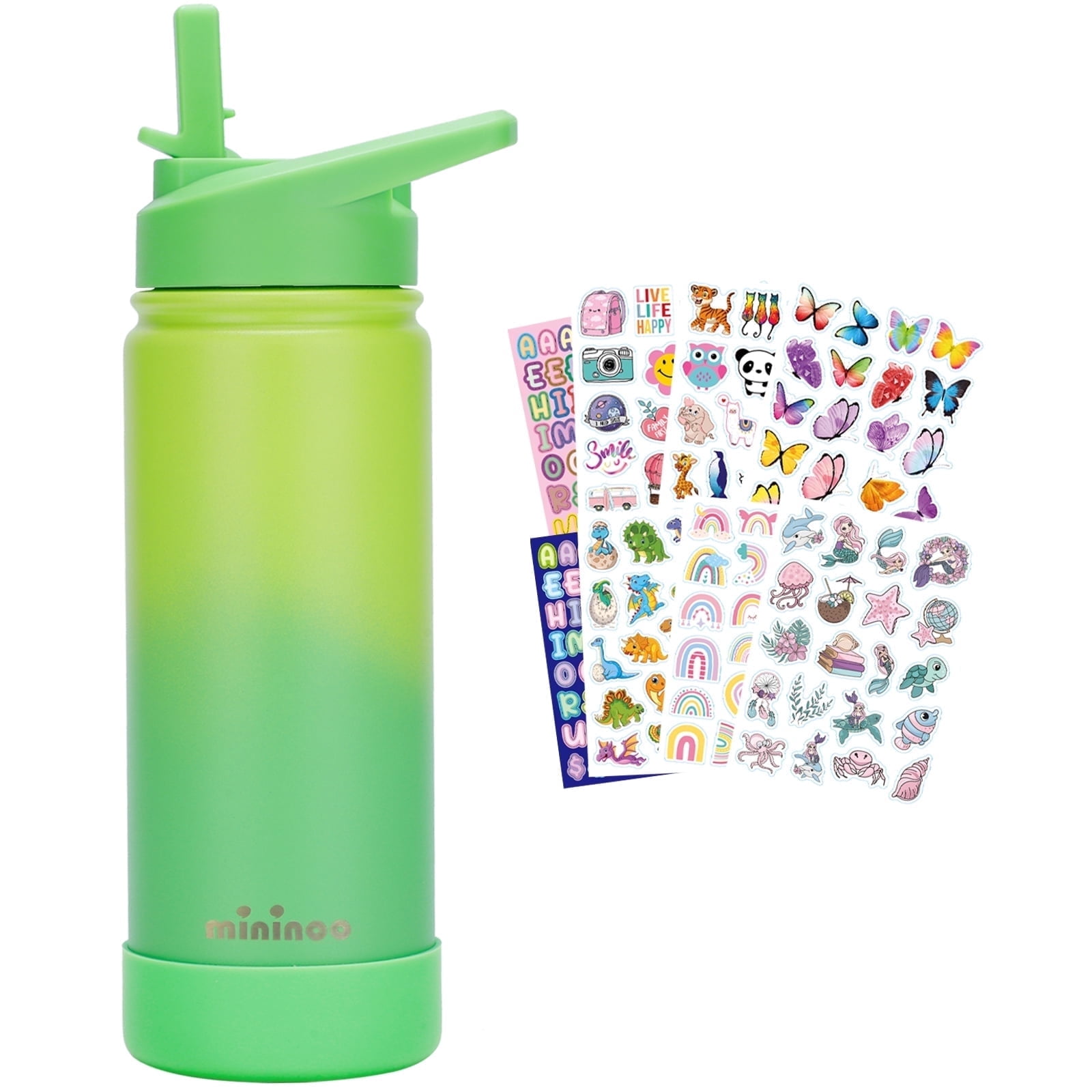mininoo Kids Water Bottle for School, 16oz Stainless Steel Insulated Water Bottle Kids with Straw Lid for Girls, Boys