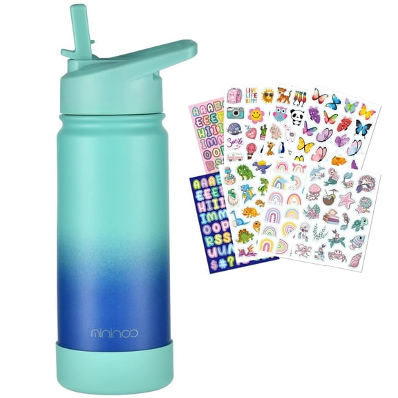mininoo Kids Water Bottle for School, 16oz Stainless Steel Insulated Water Bottle Kids with Straw Lid for Girls, Boys