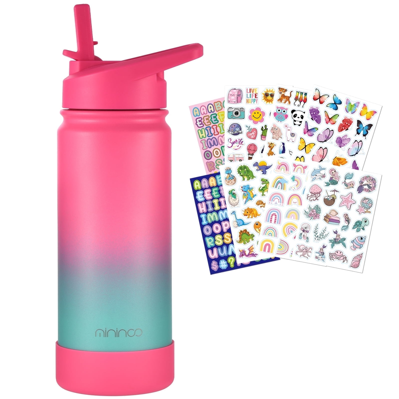 mininoo Kids Water Bottle for School, 16oz Stainless Steel Insulated Water Bottle Kids with Straw Lid for Girls, Boys