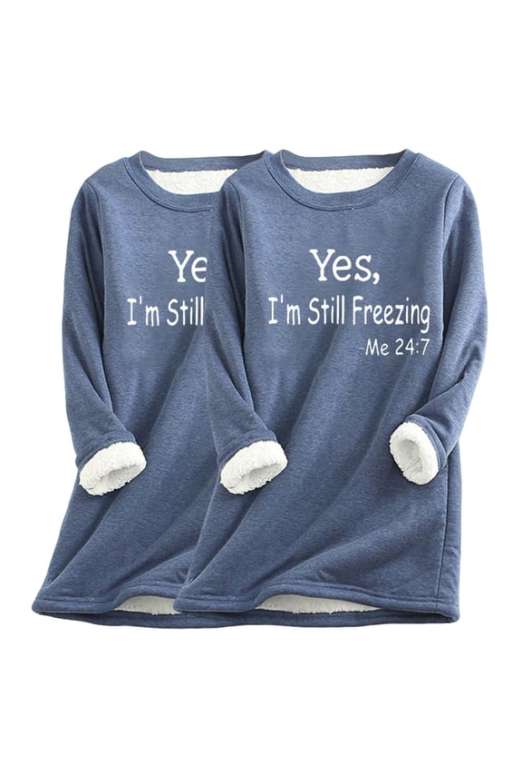 2 PCS Women's Sweatshirt Autumn Fleece Lined Large Size Sweater Juniors Comfy Loose Printed Top Thickened Warm Fitted Shirt Trendy Crew Neck Long Sleeves Tops,Blue,Large