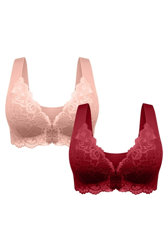 2 Pack Bra for Women Comfy Full Freedom Bras Trendy Front Closure Push up Brassiere with Lace Juniors Solid Comfort Easy on Underwear,Pink,Large