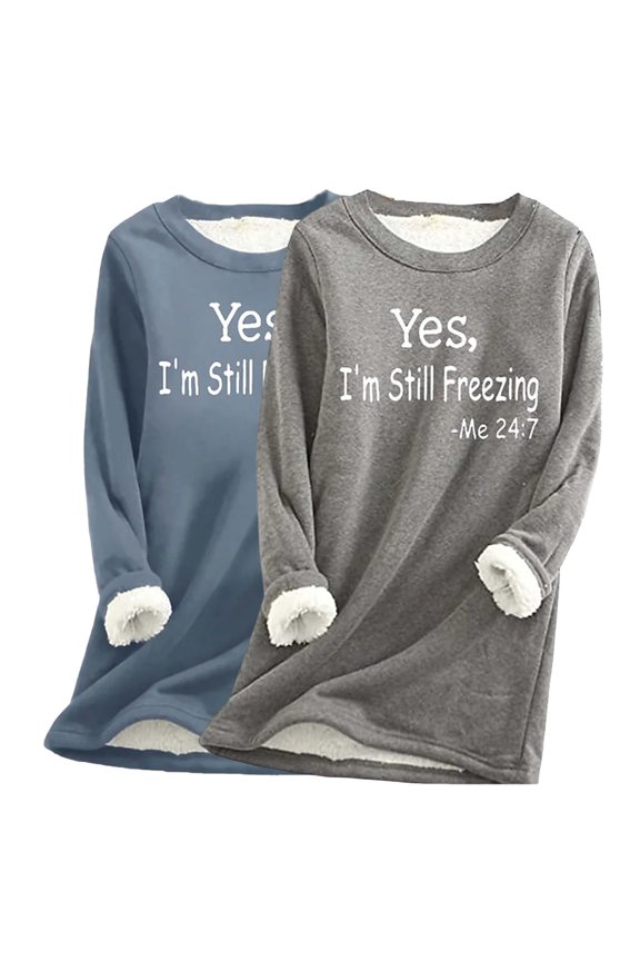 2 Pack Ladies Letter Print Top Juniors Thickened Warm Thermal Fleece Lined Top Women's Comfy Crew Neck Sweatshirt Trendy Long Sleeves Pullover Sweater Blouses,Blue,Medium