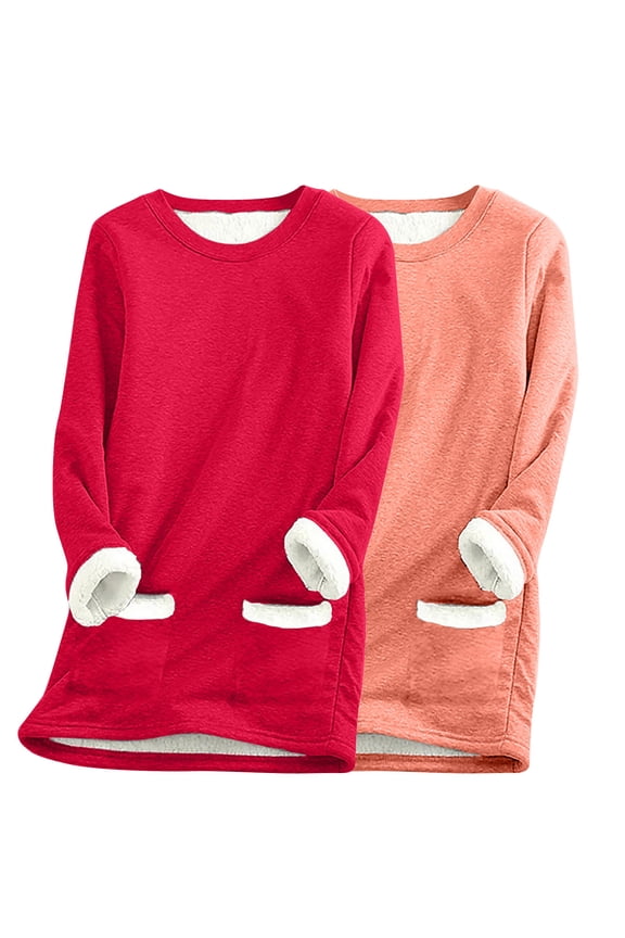 2 Pcs 2024 Women Casaul Top Shirt Thick Fleece Sweatshirt Juniors Winter Warm O-Neck Underwear Tops Thermal Soft Long Sleeves Tops with Pockets,Orange,3X-Large