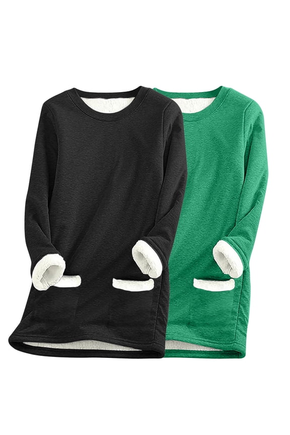 2 Pcs Womens Loose Thickened Sweatshirts Juniors Comfy Solid Color Long Sleeve Shirts Fashion Crewneck Pullover Tops with Pocket Warm Casual Fall Winter,Green,Large