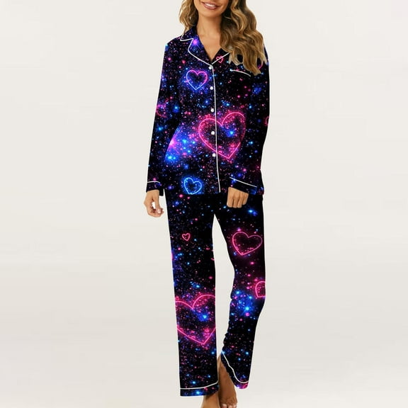 miqiqism 2 Pcs Womens Pajamas Valentines Soft Sets Long Sleeve Button Down Tshirts Haigh Waisted Trousers Cute Heart Basic Tees Tops Lady Sleepwear Loungewear,02_Multicolor,XX-Large