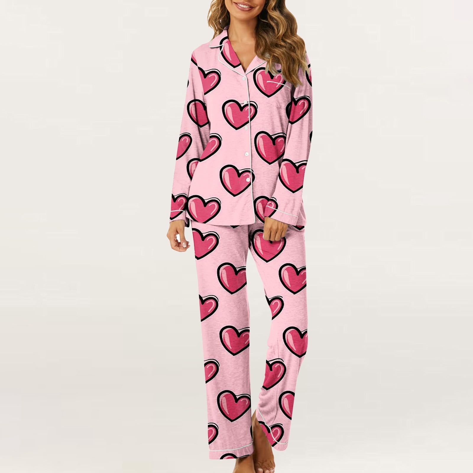 Cute Heart Print Cotton Pajama Set – 2-Piece Loungewear for Women