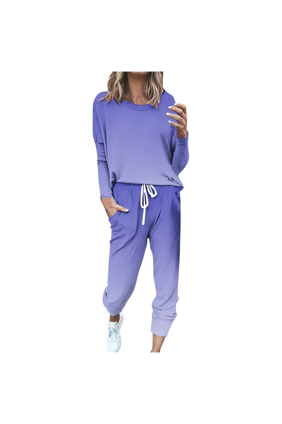 2 Piece Women's Lounge Sets Casual Plus Size Pullover Outfits Straight Leg Drawstring Tracksuit with Pockets Cozy Gradient Sweatshirt Loose Sweatsuits,Blue,3X-Large