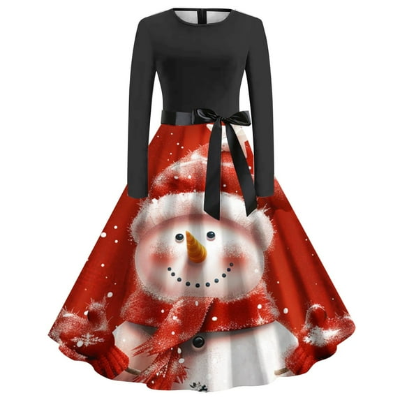 miqiqism 2024 Christmas Long Sleeve Dress for Women Trendy Audrey Hepburn Dress Casual Trees Printed Tea Dresses Juniors Round Neck Flared Hem Dress,R#01_Red,Small