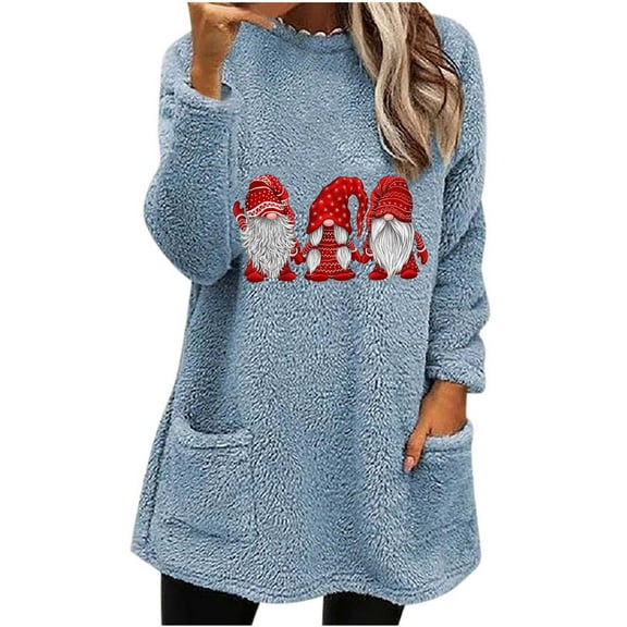 miqiqism 2024 Christmas Womens Sherpa Pullover Sweater Comfy Oversized Fuzzy Fleece Sweatshirts Trendy Faux Fur Fluffy Outerwear Loungwear Blouses with Pockets,Blue,Small