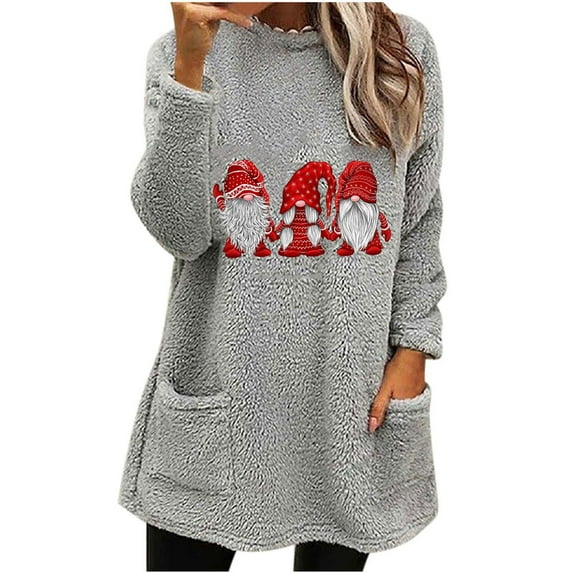 miqiqism 2024 Christmas Womens Sherpa Pullover Sweater Comfy Oversized Fuzzy Fleece Sweatshirts Trendy Faux Fur Fluffy Outerwear Loungwear Blouses with Pockets,Gray,X-Large