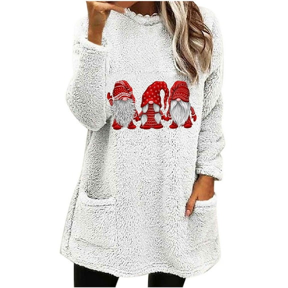 miqiqism 2024 Christmas Womens Sherpa Pullover Sweater Comfy Oversized Fuzzy Fleece Sweatshirts Trendy Faux Fur Fluffy Outerwear Loungwear Blouses with Pockets,White,Medium
