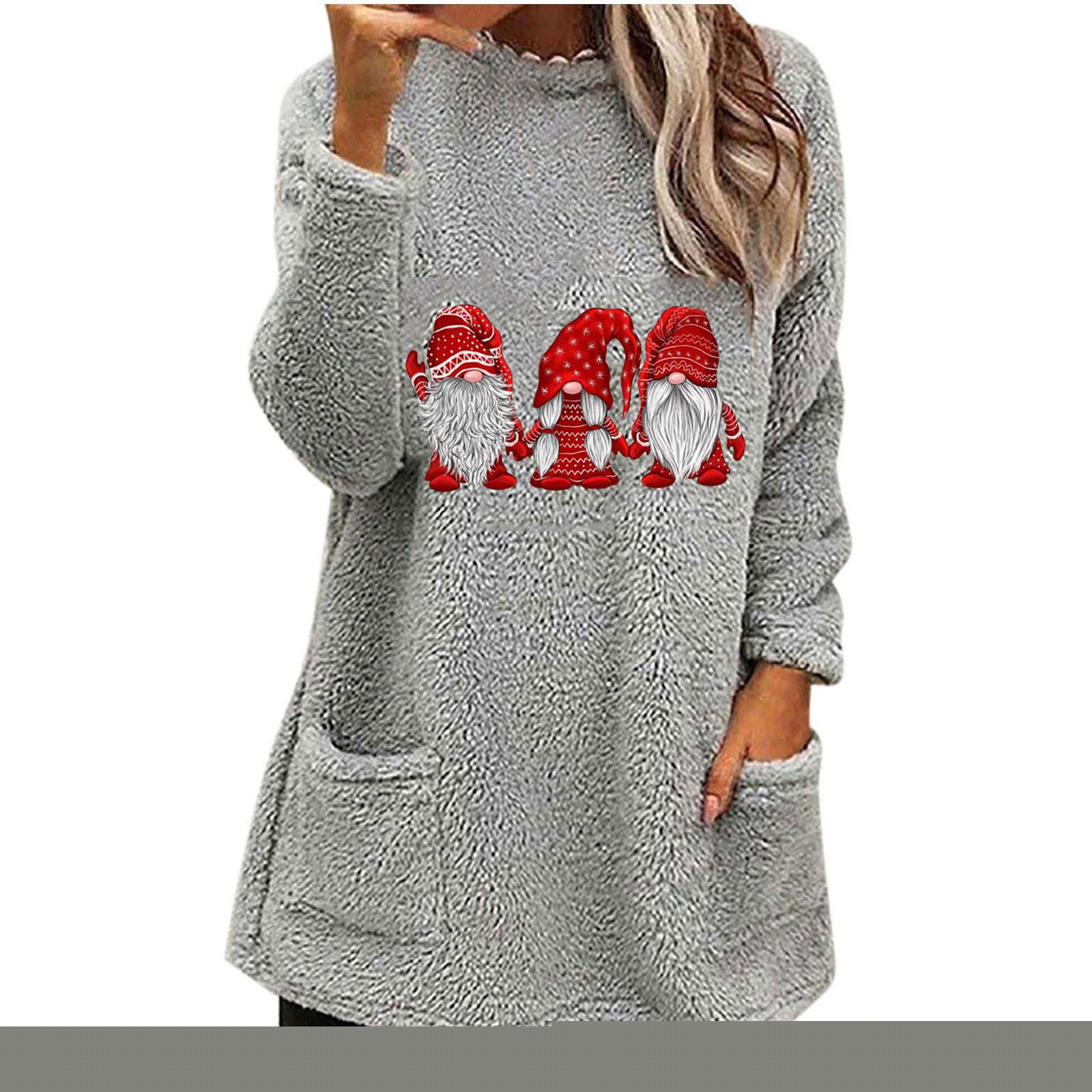 miqiqism 2024 Christmas Womens Sherpa Pullover Sweater Comfy Oversized Fuzzy Fleece Sweatshirts Trendy Faux Fur Fluffy Outerwear Loungwear Blouses with Pockets,Gray,Small