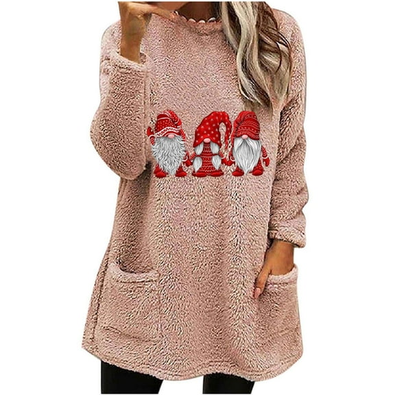 miqiqism 2024 Christmas Womens Sherpa Pullover Sweater Comfy Oversized Fuzzy Fleece Sweatshirts Trendy Faux Fur Fluffy Outerwear Loungwear Blouses with Pockets,Pink,Medium