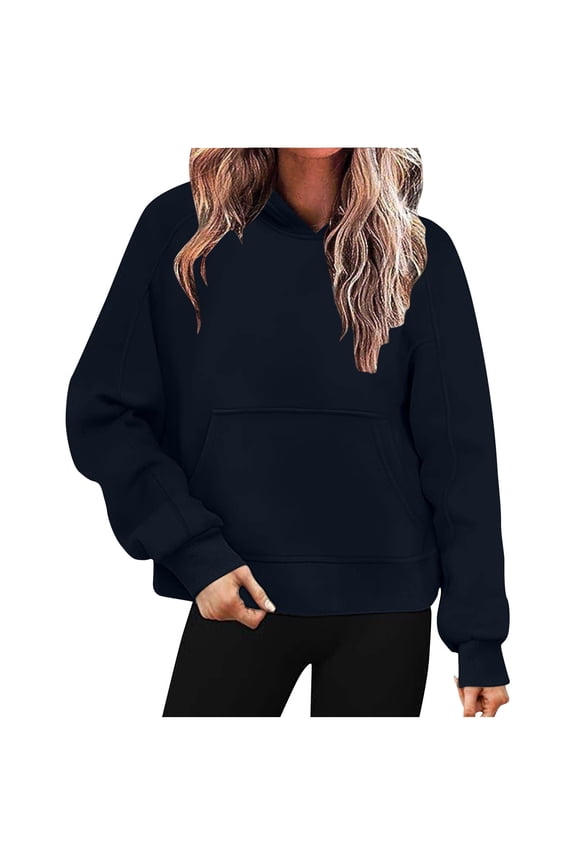 2024 Fall Hooded for Women Trendy Long Sleeves Blouses Teen Girls Casual Solid Color Drop Shoulder Sweatshirts Juniors Comfy Loose Pullover Tee Tops,Navy,XX-Large