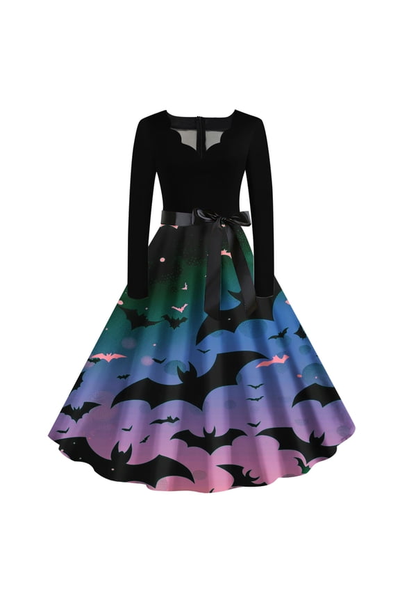 2024 Long Sleeve Dresses for Women Comfy Crew Neck A Line Dress Juniors Vintage Bat Printed Tie Waist Swing Dress Casual Flowy Hem Clothes,Pink,Medium