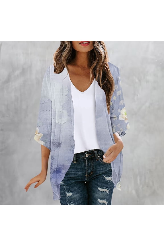2024 Womens Open Front Kimonos Juniors Long Sleeves Ruffle Cardigan Juniors Trendy Duster Lightweight Cardigans Floral Printed Blouse Tops Jackets,Light Blue,Large