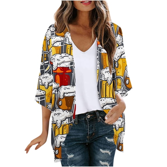 miqiqism 3/4 Bell Sleeve Cardigan For Women Fashion Flowy Hem Jacket Comfy Lightweight Outerwear Coat Funny Print Casual Loose Open Front Blouse Tops,Y#01_Yellow,Small