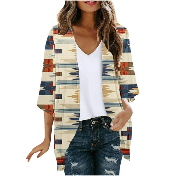 miqiqism 3/4 Bell Sleeve Cardigan For Women Fashion Flowy Hem Jacket Comfy Lightweight Outerwear Coat Funny Print Casual Loose Open Front Blouse Tops,K#01_Khaki,XX-Large