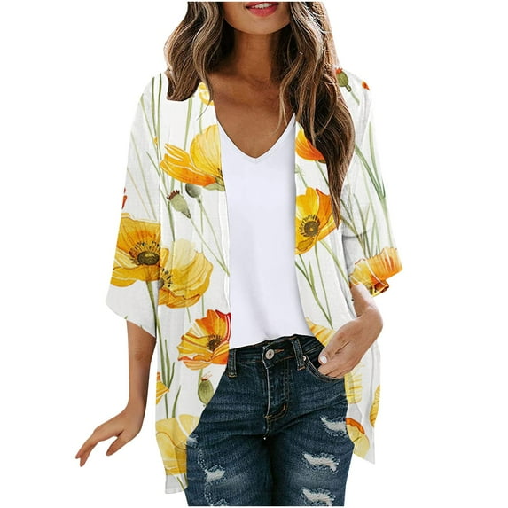 miqiqism 3/4 Bell Sleeve Cardigan For Women Fashion Flowy Hem Jacket Comfy Lightweight Outerwear Coat Funny Print Casual Loose Open Front Blouse Tops,Y#02_Yellow,Medium