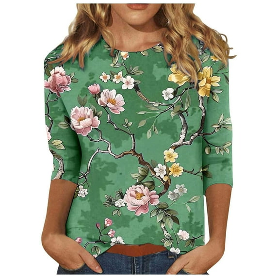 miqiqism 3/4 Length Sleeve Shirts for Women Floral Print Tees Blouses Teen Girls Crew Neck Loose Shirt Juniors Casual Slim Fit Tops Tee Shirts,Green,Large