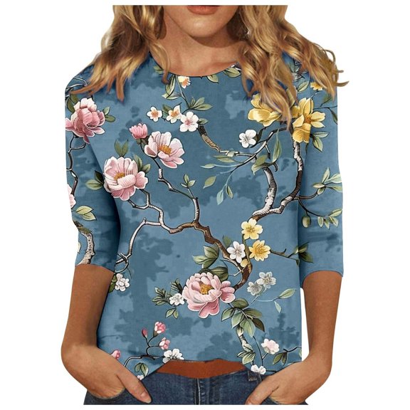 miqiqism 3/4 Length Sleeve Shirts for Women Floral Print Tees Blouses Teen Girls Crew Neck Loose Shirt Juniors Casual Slim Fit Tops Tee Shirts,Navy,X-Large