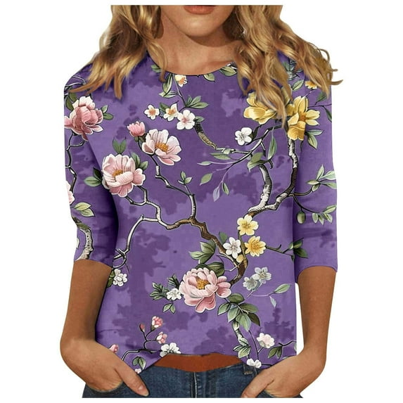 miqiqism 3/4 Length Sleeve Shirts for Women Floral Print Tees Blouses Teen Girls Crew Neck Loose Shirt Juniors Casual Slim Fit Tops Tee Shirts,Purple,Medium