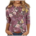 thumbnail image 1 of miqiqism 3/4 Length Sleeve Shirts for Women Floral Print Tees Blouses Teen Girls Crew Neck Loose Shirt Juniors Casual Slim Fit Tops Tee Shirts,Wine,Medium, 1 of 4