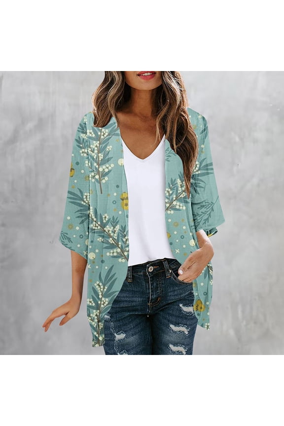 3/4 Sleeve Cardigan for Women 2024 Lightweight Fashion Open Front Cardigans Tops Juniors Casual Loose Comfy Jacket Flowy Hem Print Blouse Coat,Light Blue,Medium