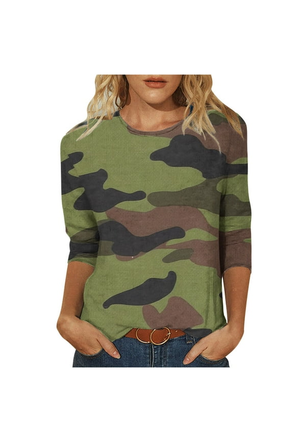 3/4 Sleeve Tops for Women Casual Crewneck Camo Shirt Juniors Loose Comfy Tunic Tops Trendy Print Dressy Camouflage Blouses Pullover Top,Army Green#08,Small