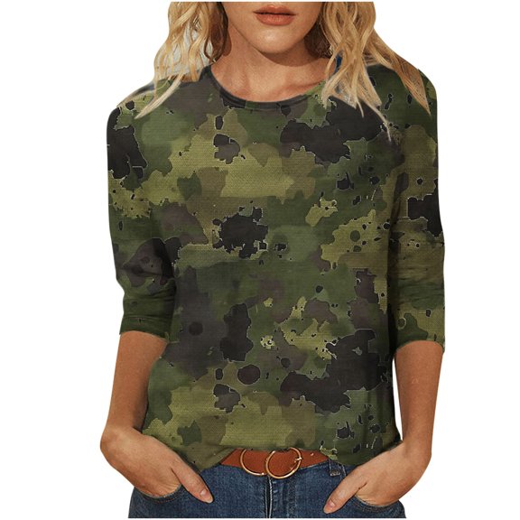 miqiqism 3/4 Sleeve Tops for Women Casual Crewneck Camo Shirt Juniors Loose Comfy Tunic Tops Trendy Print Dressy Camouflage Blouses Pullover Top,Army Green#05,Small