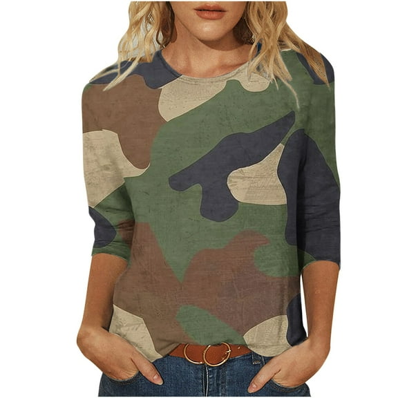 miqiqism 3/4 Sleeve Tops for Women Casual Crewneck Camo Shirt Juniors Loose Comfy Tunic Tops Trendy Print Dressy Camouflage Blouses Pullover Top,Army Green#01,Medium