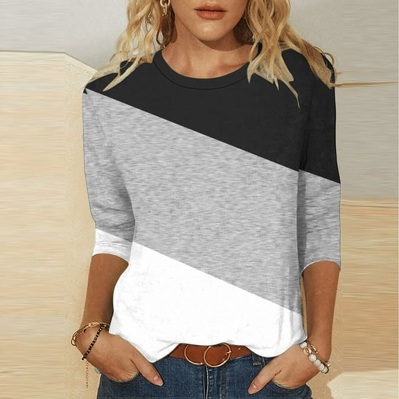 miqiqism 3/4 Sleeve Tshirts for Women Colorblock Basic Shirts, Womens Round Neck Blouse, Lady Loose Tunic Tops Spring Summer Pullover Top for Woman,01_Black,Large